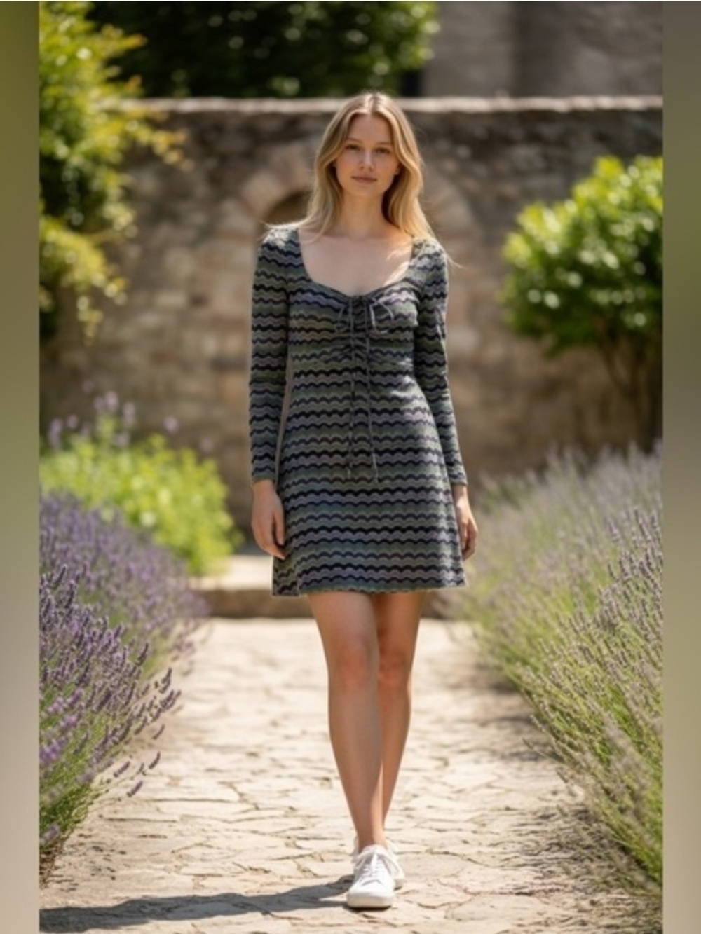 Zara Scoop-Neck Mini Dress in Blue and Green Wave Print